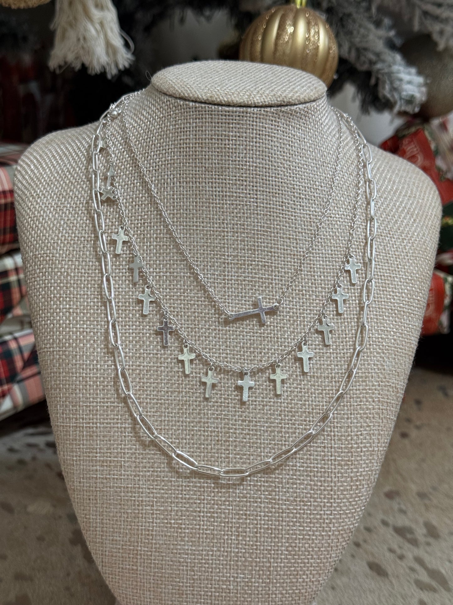 Silver Cross Necklace Stack