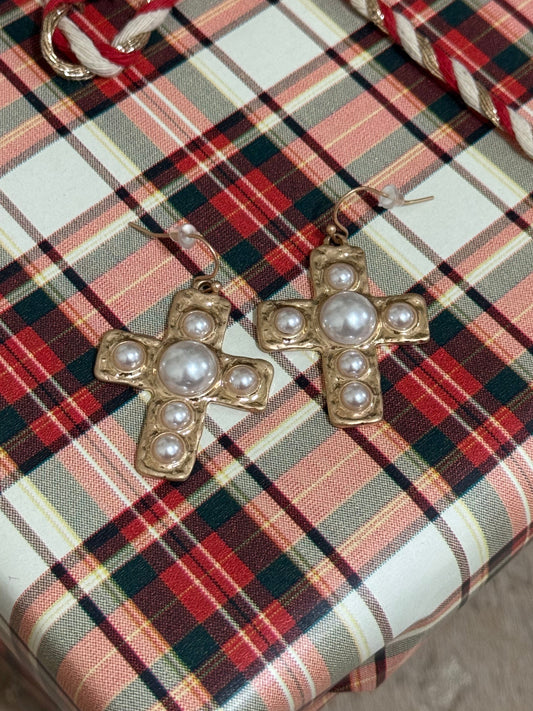 Pearl Cross Earrings