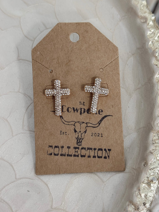 Gold Rhinestone Cross Earrings