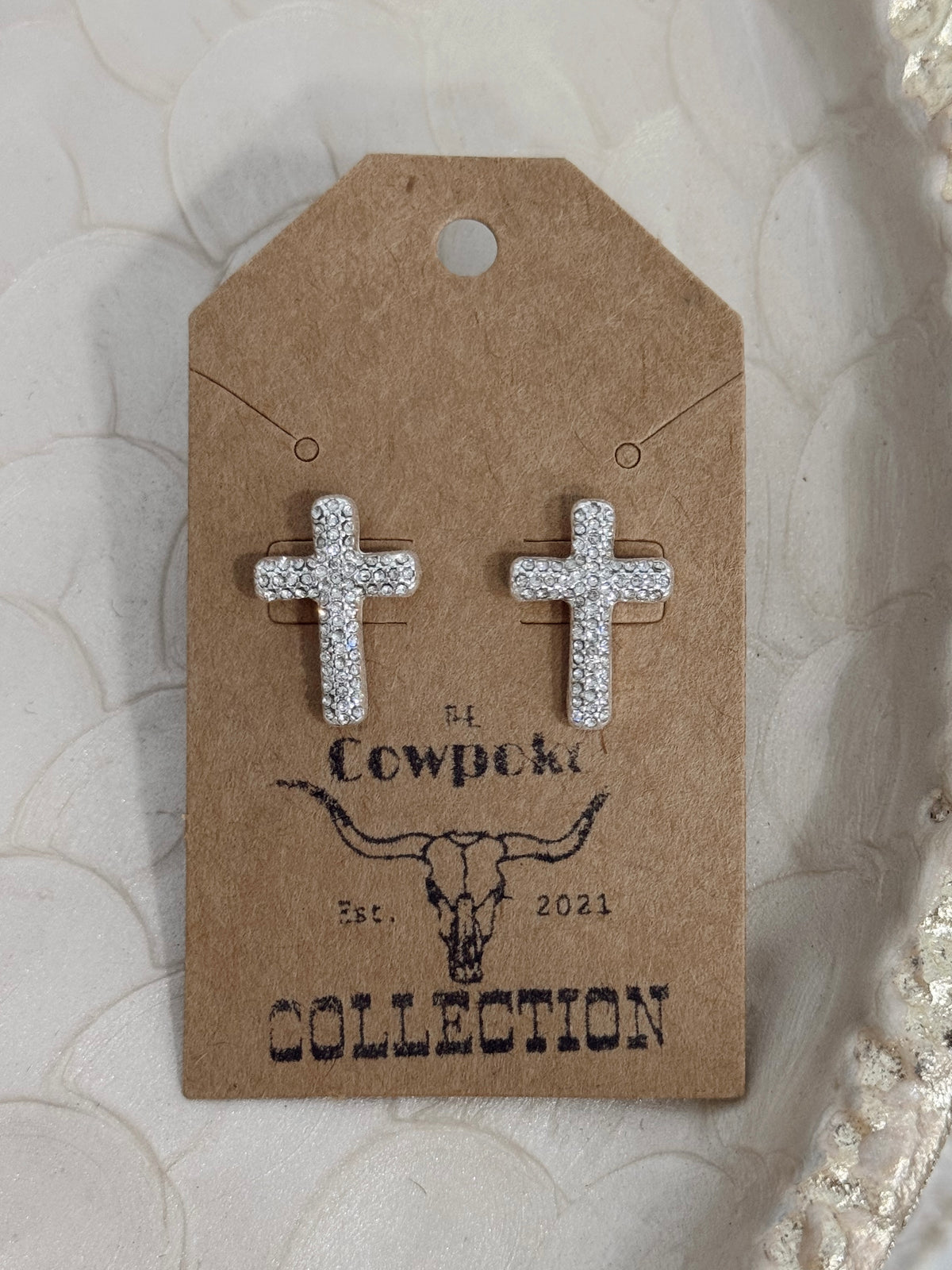Silver Rhinestone Cross Earrings