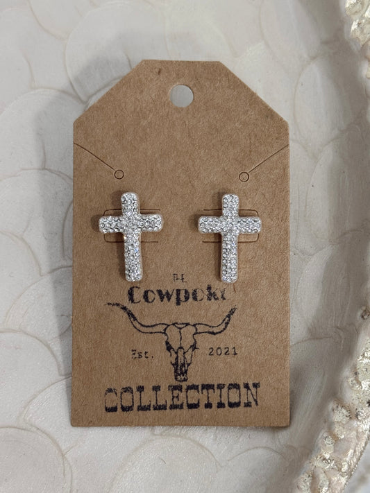 Silver Rhinestone Cross Earrings