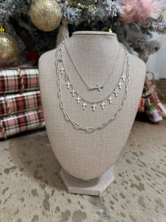 Silver Cross Necklace Stack
