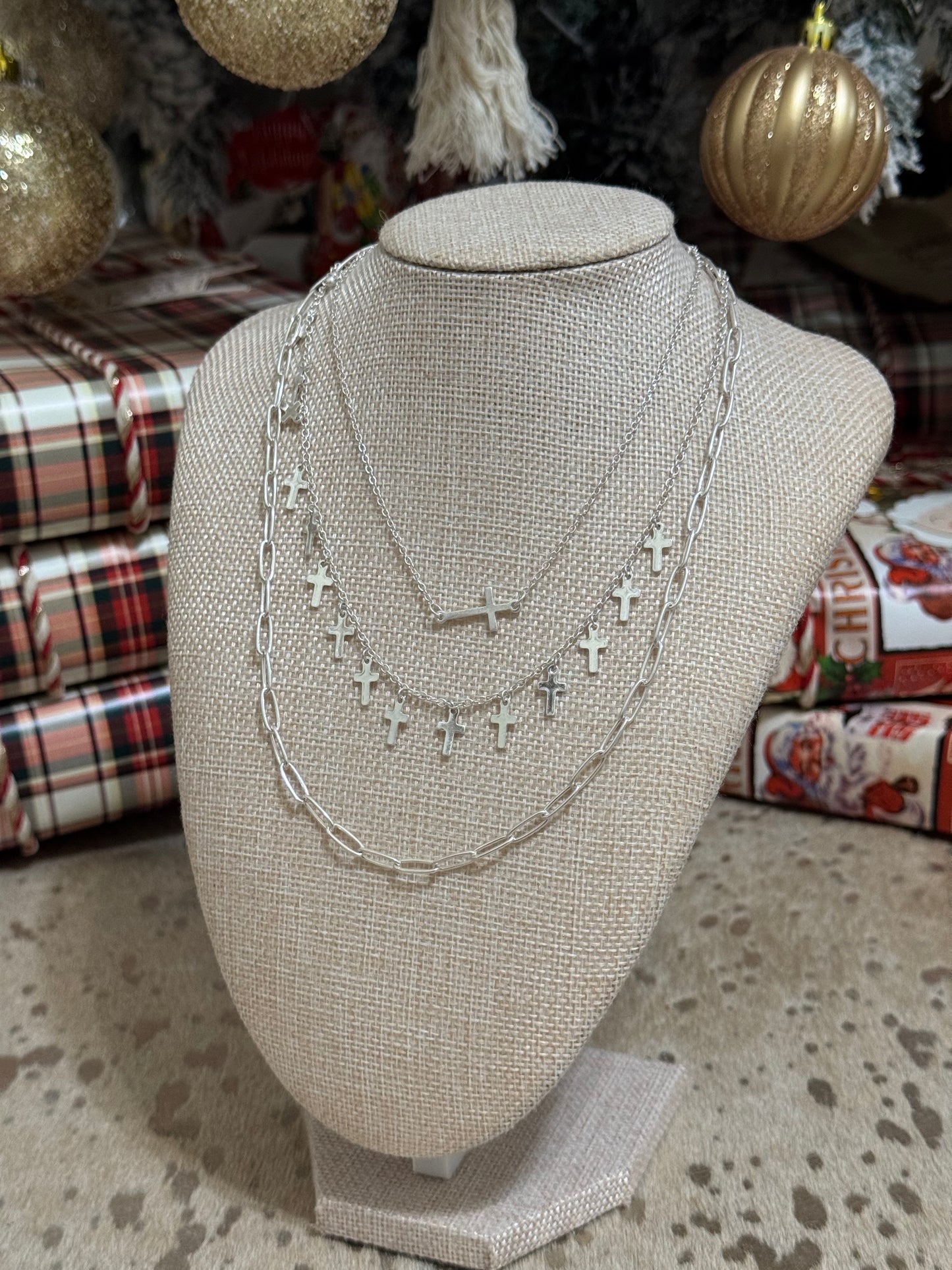 Silver Cross Necklace Stack