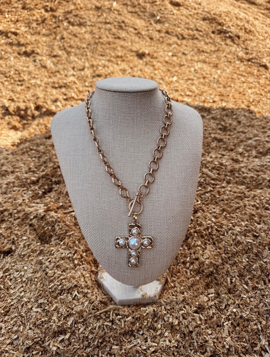 Pearl Gold Cross Necklace *PREORDER*