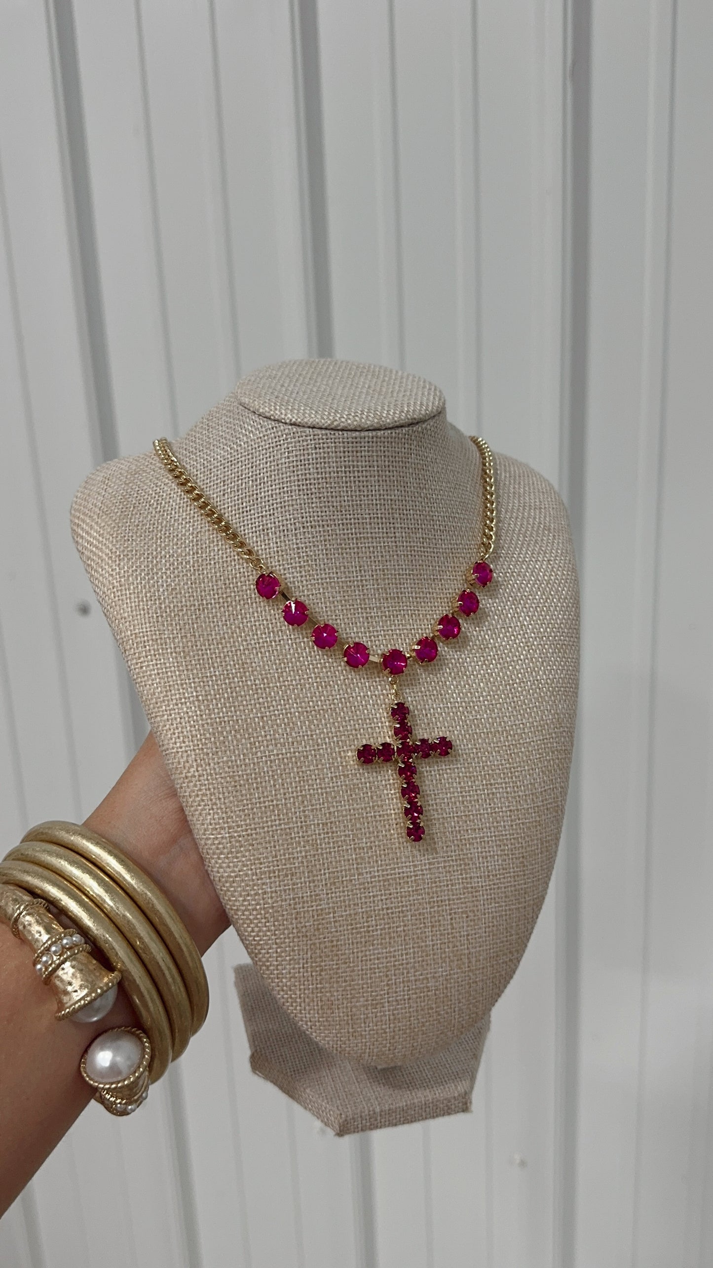 Hot Pink Crystal Cross Necklace