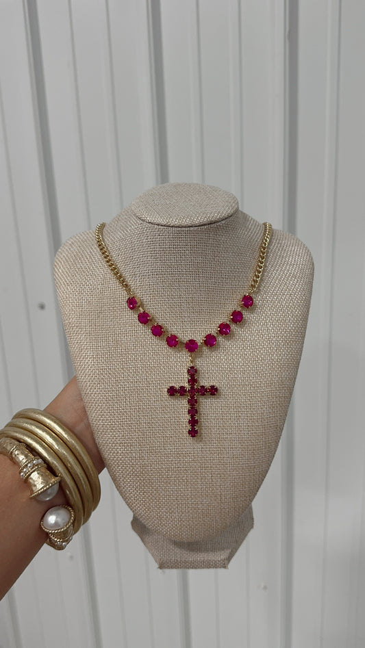 Hot Pink Crystal Cross Necklace